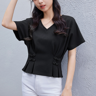 短款 上衣 t恤女夏季 新中式 2025新款 V領(lǐng)收腰雪紡衫 國風(fēng)短袖 正肩半袖