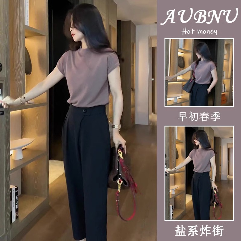 套装夏装女新款2025高级感休闲时尚复古短袖上衣九分西装裤两件套