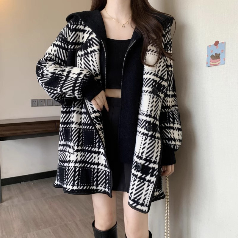 毛呢外套女秋冬2025新款休闲高级感宽松连帽小香风千鸟格呢子大衣