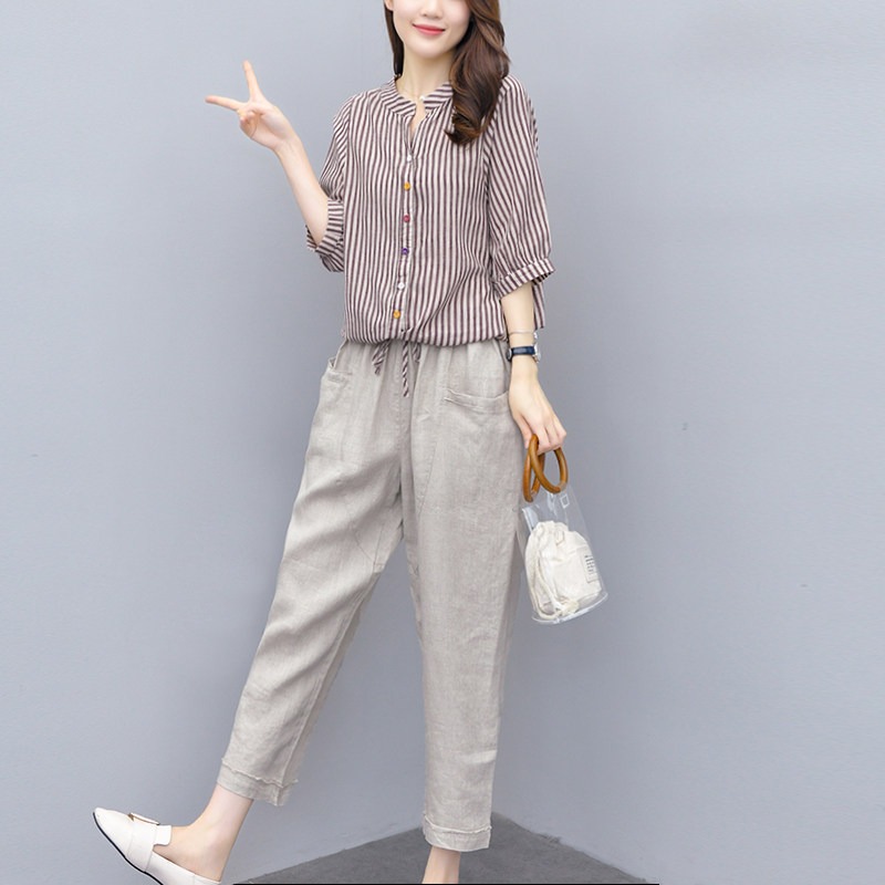套装夏季女新款2025休闲短袖条纹棉麻t恤上衣九分哈伦裤子两件套