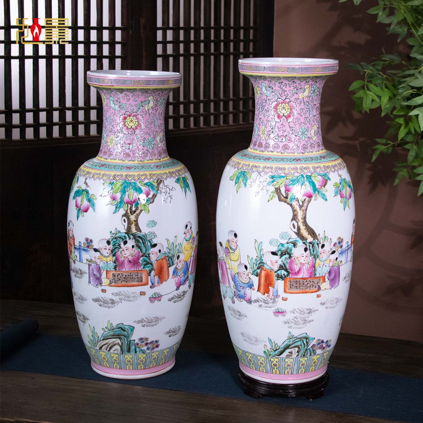 中式粉彩童子对瓶景德镇陶瓷花瓶客厅玄关中堂插花摆件装饰60CM
