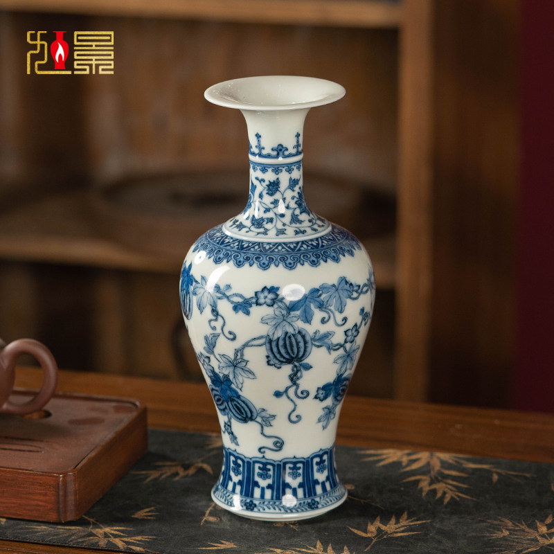钟家窑仿古青花瓷花瓶景德镇陶瓷手绘柴窑新中式瓷瓶客厅摆件高档