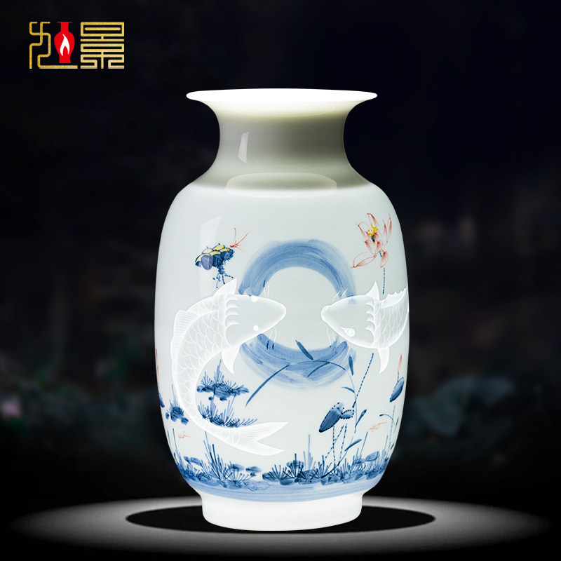 景德镇陶瓷花瓶手绘冬瓜瓶瓷器中式家居客厅玄关摆件大号装饰礼品