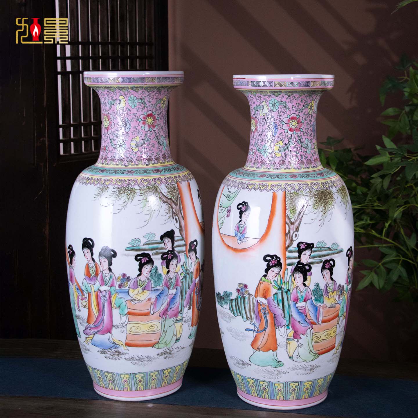 中式粉彩仕女图对瓶客厅玄关博古架装饰摆件景德镇陶瓷花瓶高60CM