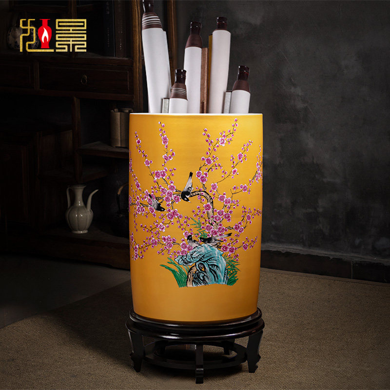 陶瓷书画缸卷轴缸景德镇中式花瓶落地摆件插花字画桶书房客厅直筒