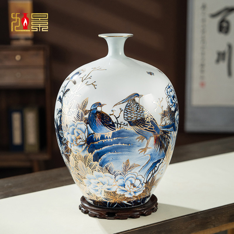 手绘牡丹青花瓷景德镇陶瓷花瓶中式客厅玄关乔迁送礼高档装饰摆件