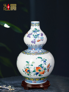 景德镇陶瓷青花瓷花瓶手绘斗彩三多纹葫芦瓶客厅覆古中式家居摆件