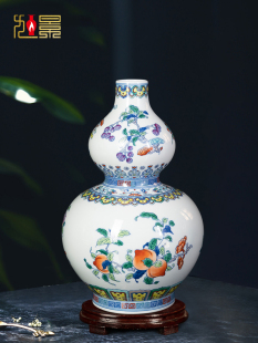 景德镇陶瓷青花瓷花瓶手绘斗彩三多纹葫芦瓶客厅覆古中式家居摆件