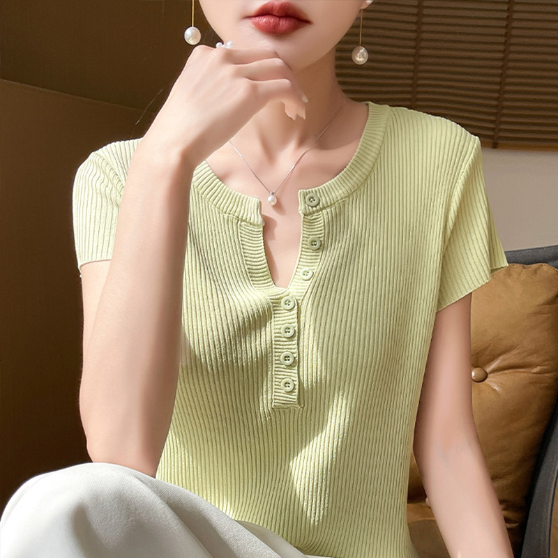 V领减龄短袖t恤女夏季2025新款打底衫洋气特大码女装冰丝针织上衣