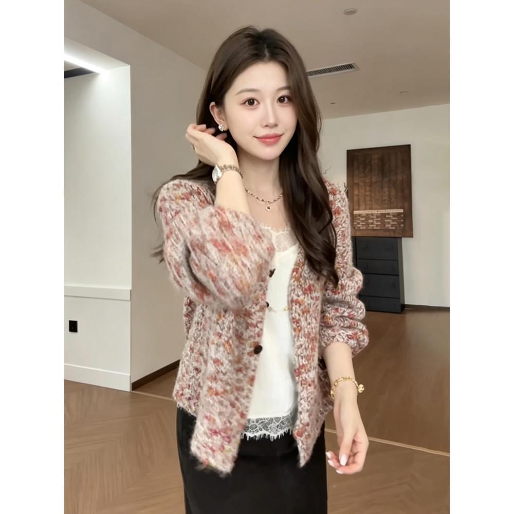 巨好懒看氛围领EMD显感混色V针织开衫女早秋慵百搭宽松遮肉瘦毛衣