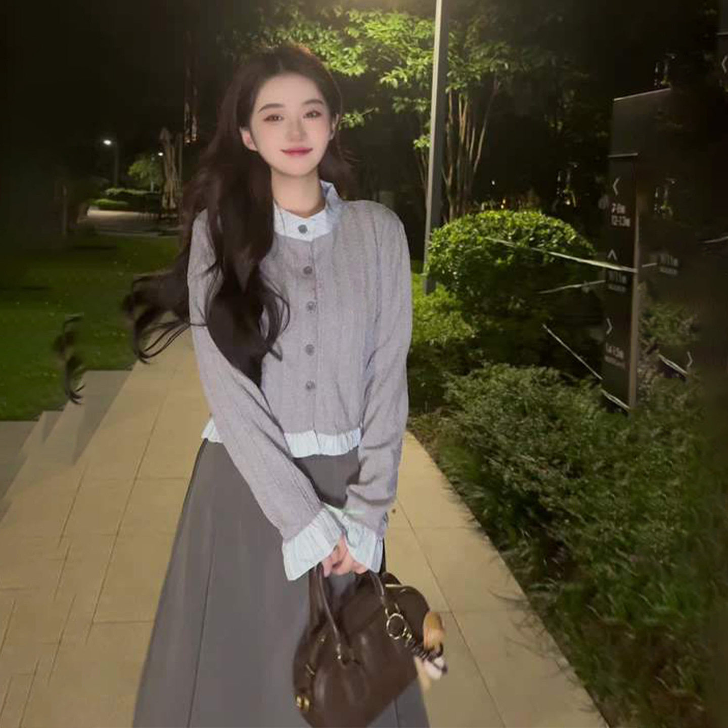 灰色假两件针织衫毛衣开衫外套女早秋季2025新款薄款短款长袖上衣