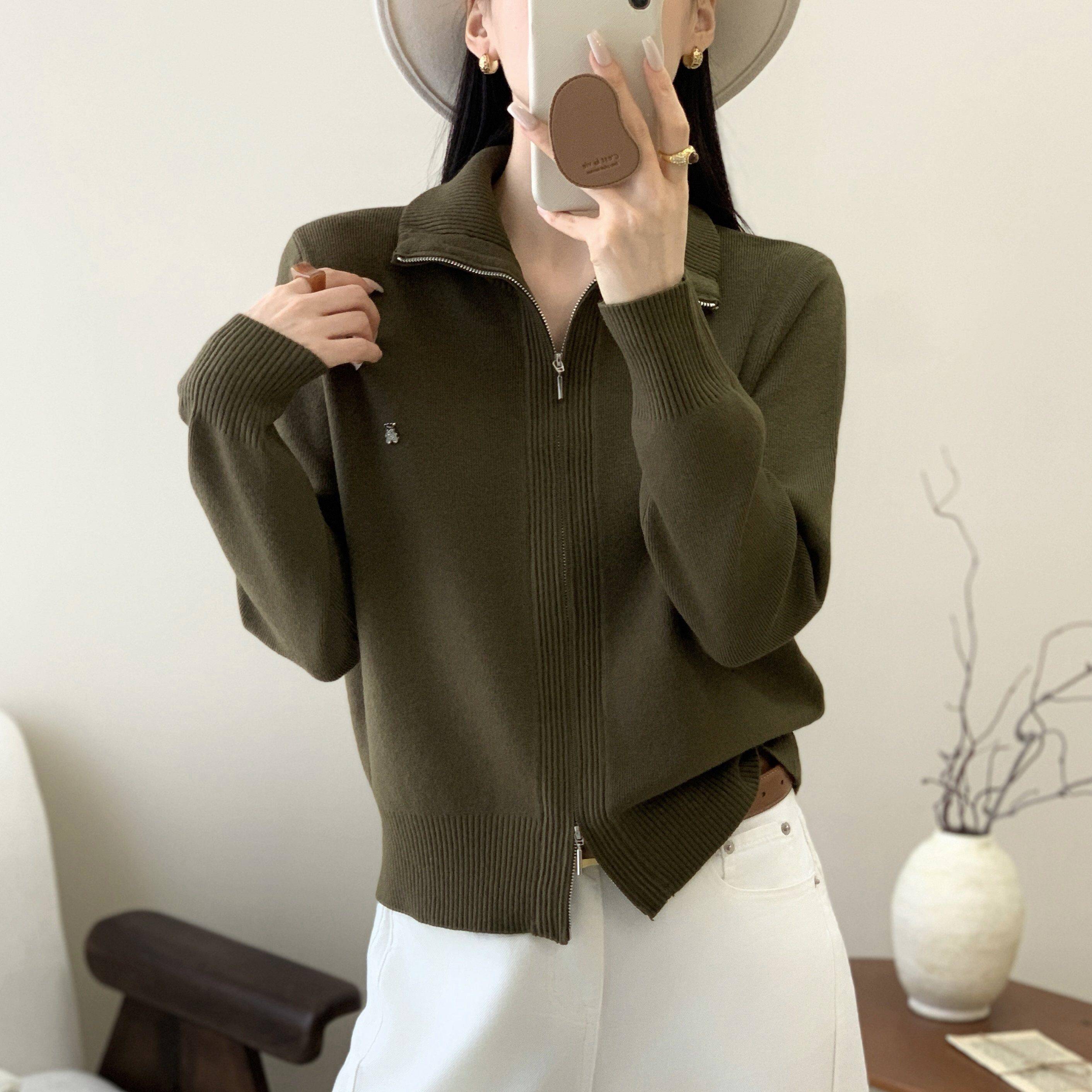 韩版翻领拉链针织开衫女226早秋季新长袖显百瘦减龄搭外套YVC0款
