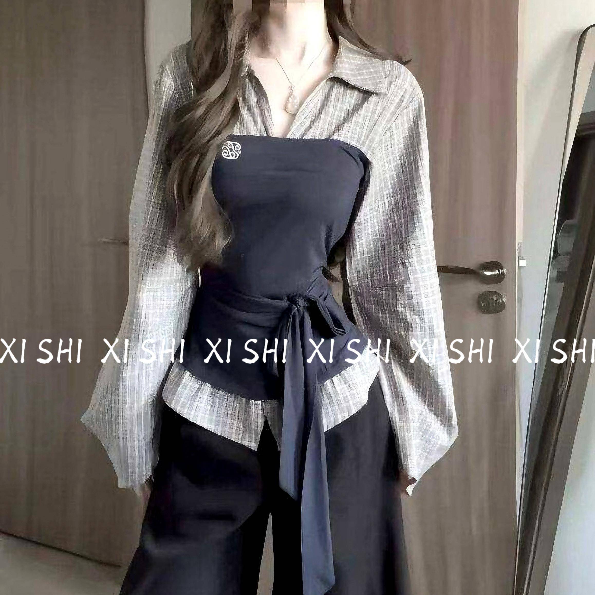 早秋漂亮一整oo套t休闲穿搭设计dGWR女感拼接假两件衬衫阔腿裤套