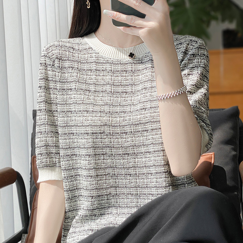 时尚提花短袖t恤女夏季2025新款打底衫洋气大码女装冰丝针织上衣Q