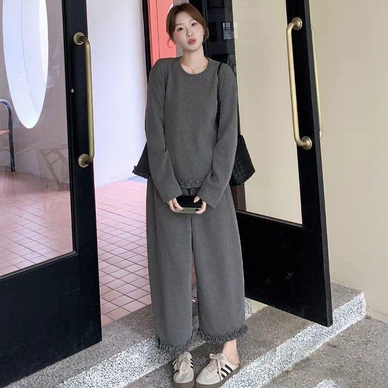 大码立体木耳边m下摆上衣裤子两件女早套秋胖m显瘦遮肚奢轻套VOQ
