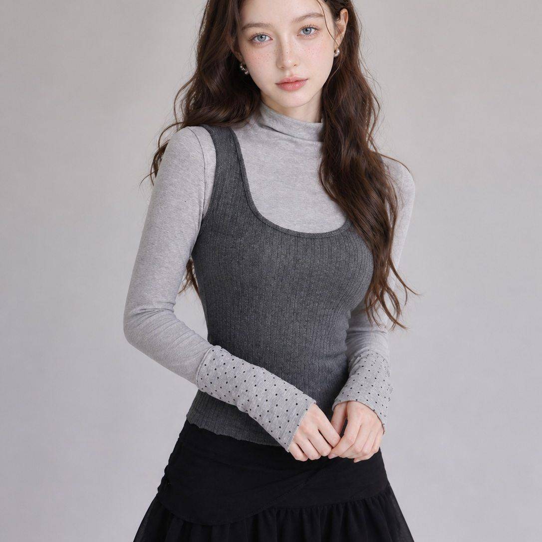 早韩系秋温柔姐穿搭款两件套新长CAF袖T恤女修身显瘦针织百搭姐上