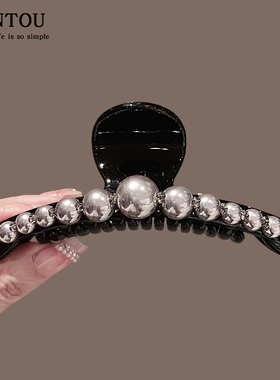 新款银色珍珠抓夹女2025新款高端发夹后脑勺大号发量大鲨鱼夹子