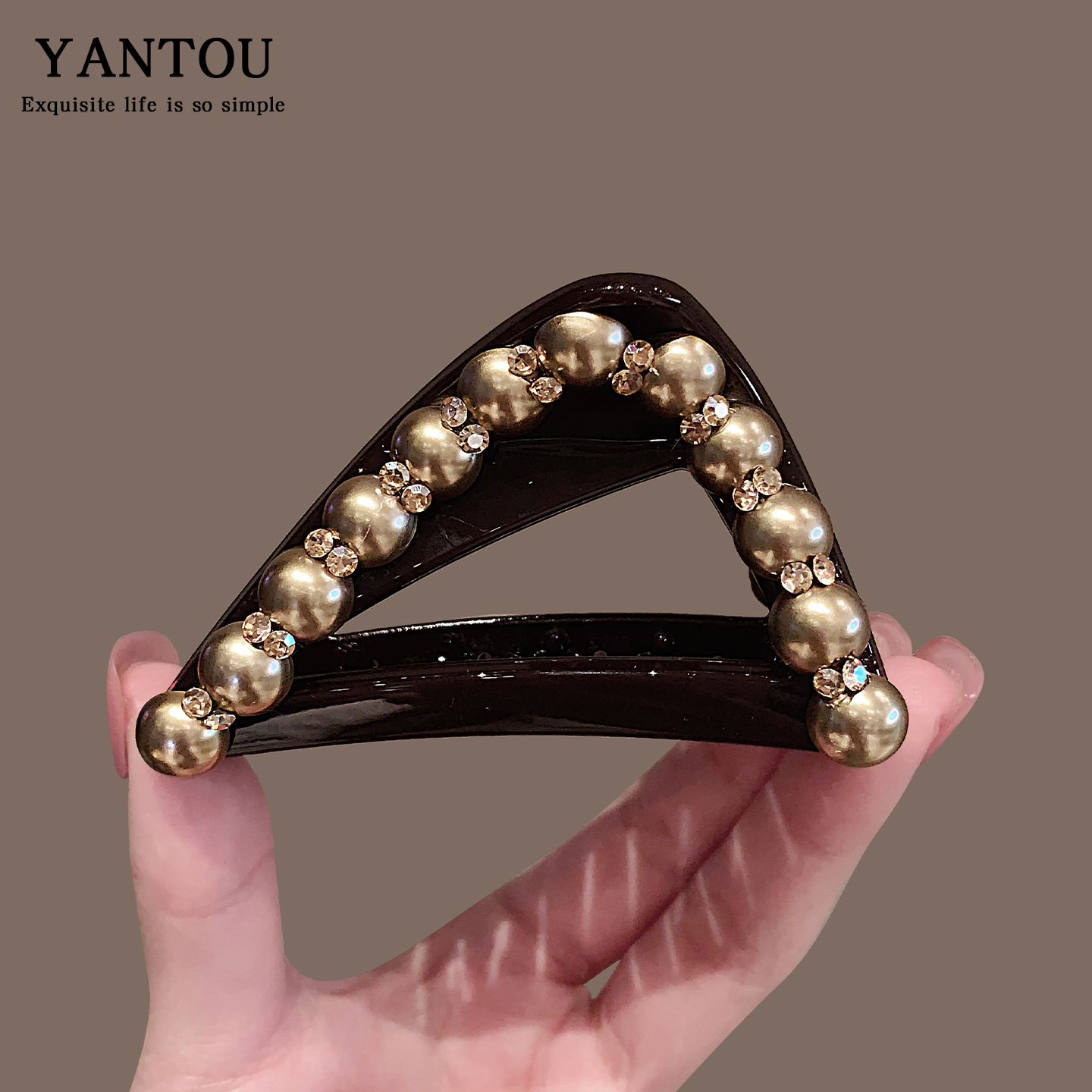琥珀氛围感精致工艺珍珠璀璨立体高端抓夹气质发抓鲨鱼夹半扎发夹