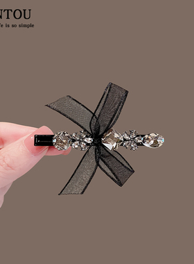 网纱蝴蝶结水钻花朵发夹女春夏新款碎发鸭嘴夹子高级感侧边刘海夹