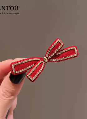 法式复古红色蝴蝶结侧边少女刘海发夹水钻碎发夹子头饰边夹鸭嘴夹