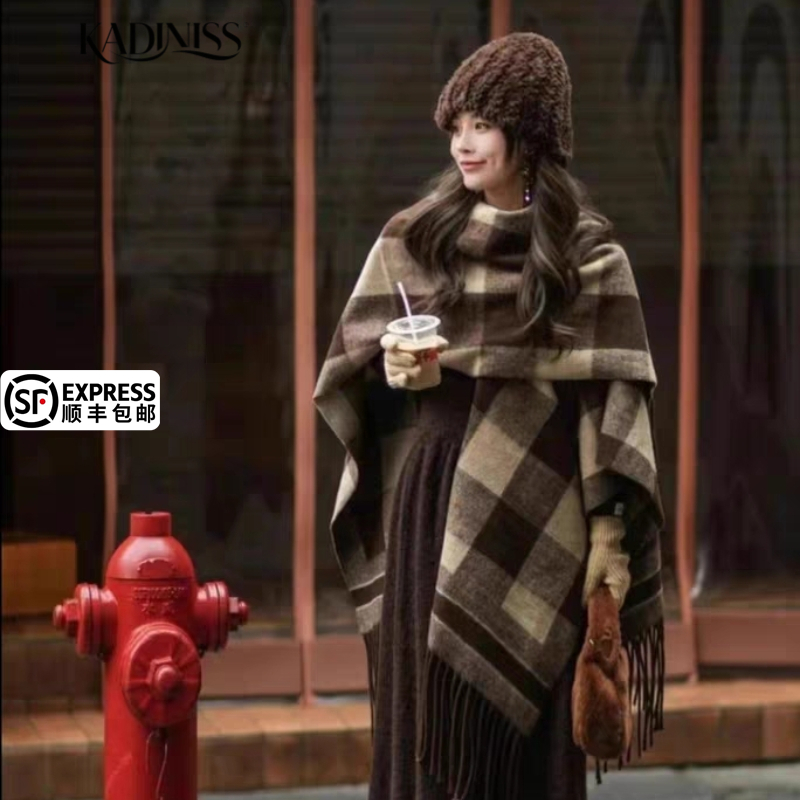 KADINISS品牌新款羊毛披肩围巾秋冬加厚经典格子女高级感保暖围脖