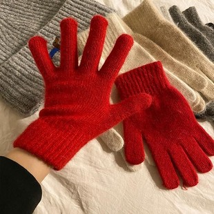 红色兔毛针织毛线手套女秋冬季加厚保暖防寒纯色羊毛混纺五指套