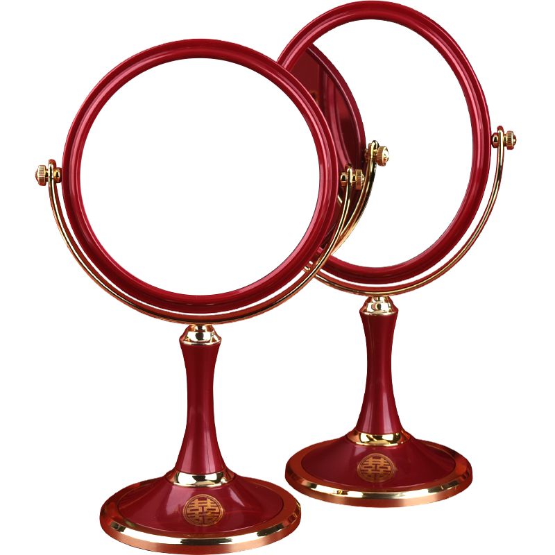 结婚镜子陪嫁一对红喜镜高清化妆镜台式桌面可立双面放大家用梳妆
