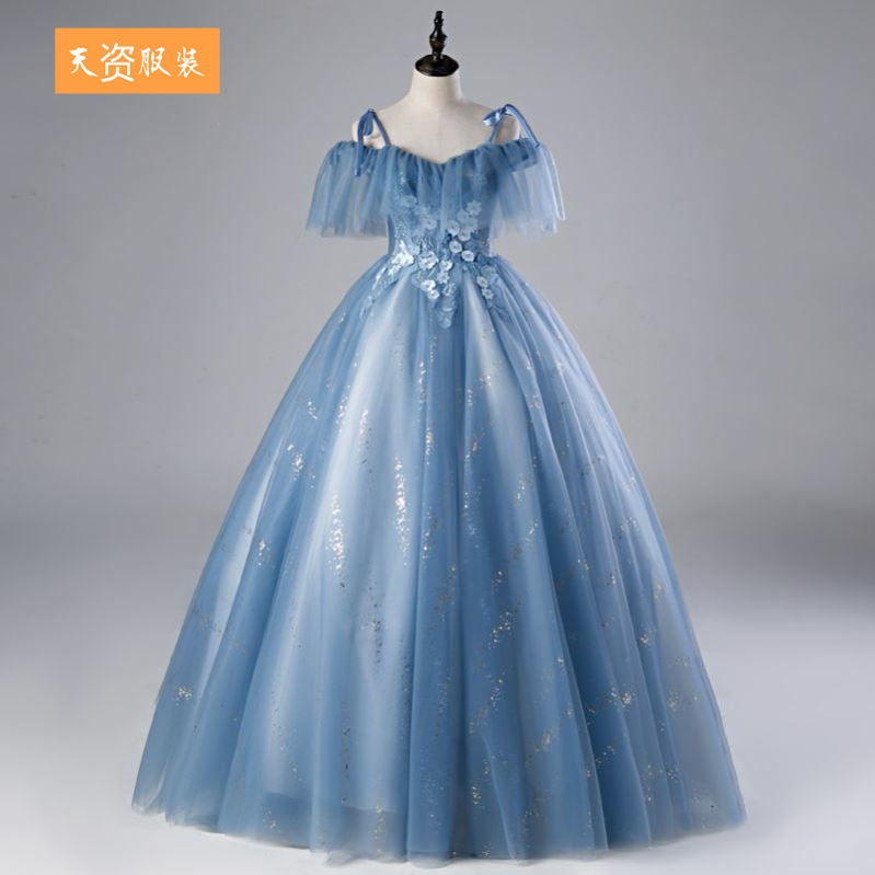 晚礼服蓝色独唱演出礼服艺考表演声乐高档礼服长款主持蓬蓬裙显瘦