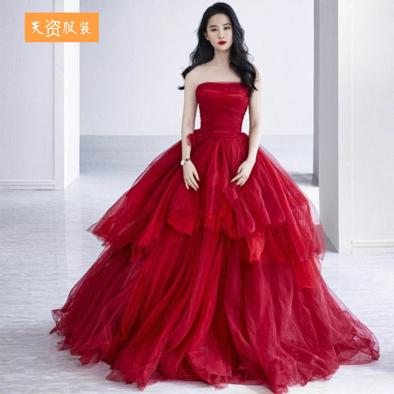 明星同款红色婚纱礼服简约大气小礼服/晚装