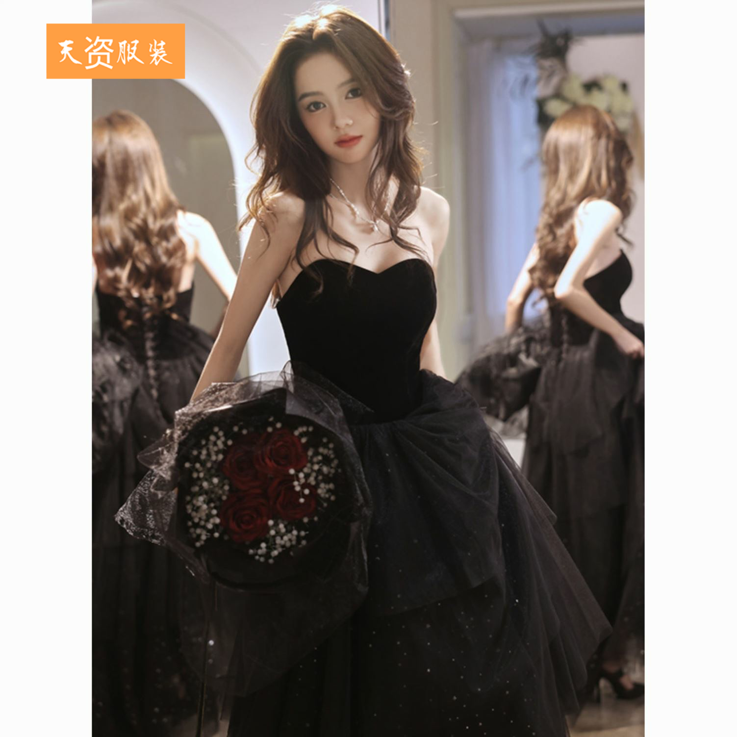 晚礼服女2024新款黑色高端轻奢小众超仙成人礼演出服主持人抹胸裙