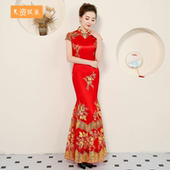 刺绣蕾丝修身 长款 鱼尾舞台走秀表演出 复古改良版 红色旗袍2024新款