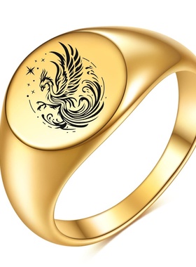 欧美ins跨境新款12MM光面指环椭圆18K金激光火凤凰戒指批发热卖女