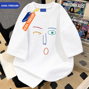 AURA THREADS官网正品美式卡通印花短袖T恤男女宽松潮牌情侣上衣