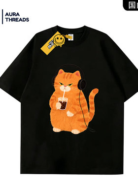【品牌现货】AURA THREADS创意猫咪印花短袖T恤百搭黑色圆领上衣