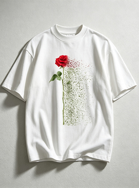 【品牌现货】AURA THREADS红玫瑰印花小众重磅宽松圆领短袖T恤男