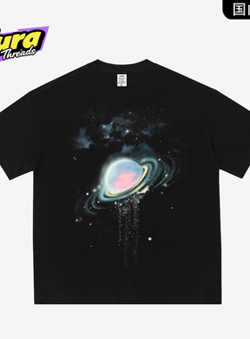 【品牌现货】AURA THREADS黑色星球印花短袖T恤男女重磅纯棉上衣