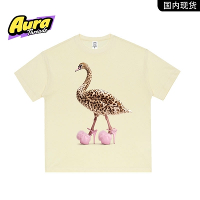 【品牌现货】AURA THREADS豹纹天鹅落肩袖T恤男女宽松纯棉上衣