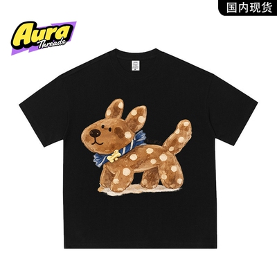【品牌现货】AURA THREADS卡通小狗印花纯棉宽松百搭短袖T恤男女