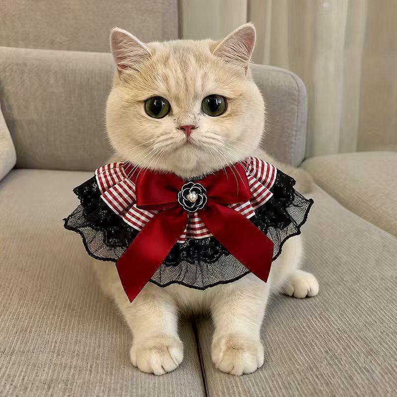 甜美可调节宠物围脖猫咪项圈装饰品可爱格子网纱口水巾英伦风围巾