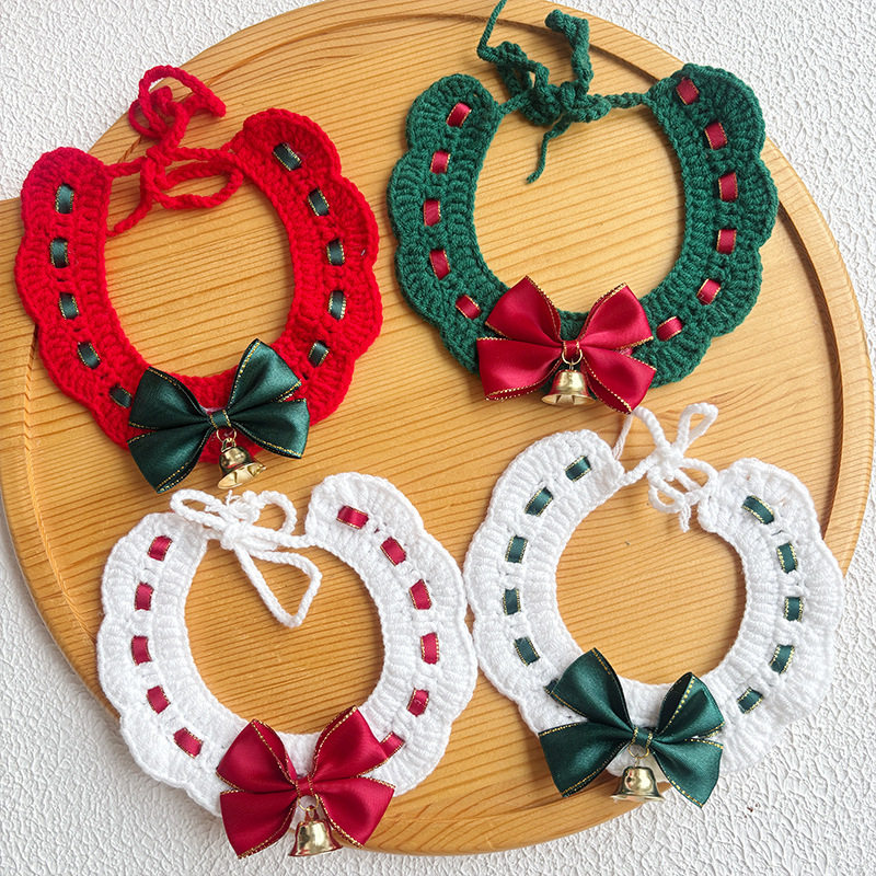 25圣诞宠物针织围脖红色领结猫咪围巾毛线手工狗狗口水巾配饰铃铛