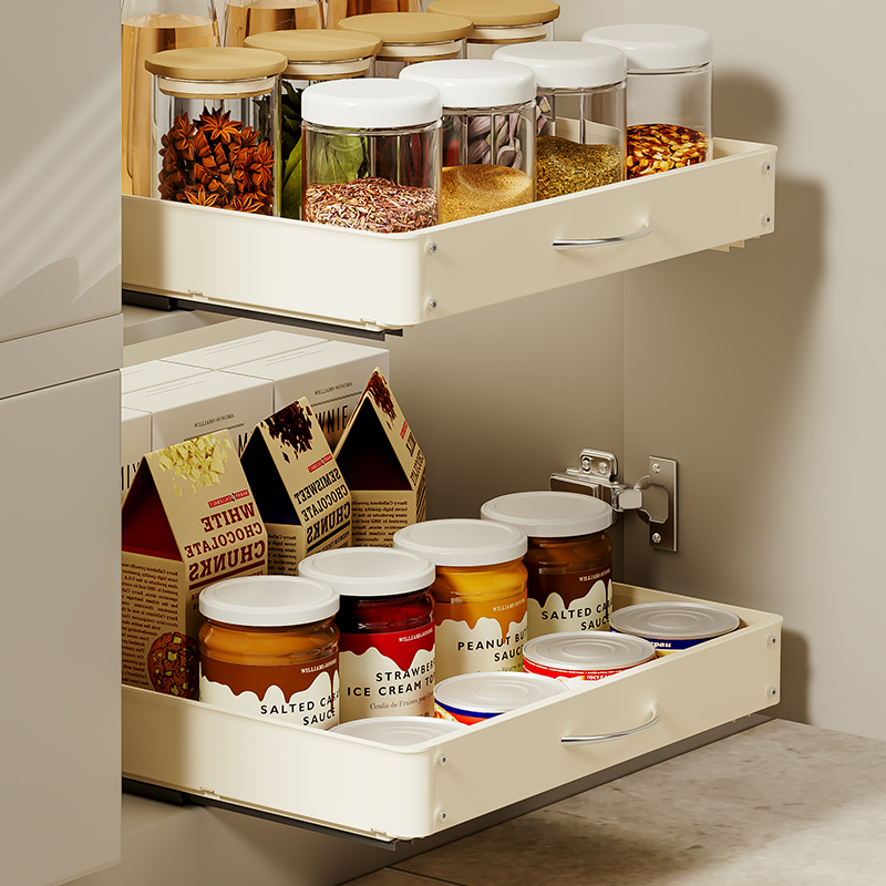 免打孔厨房抽拉式置物架滑轨一体