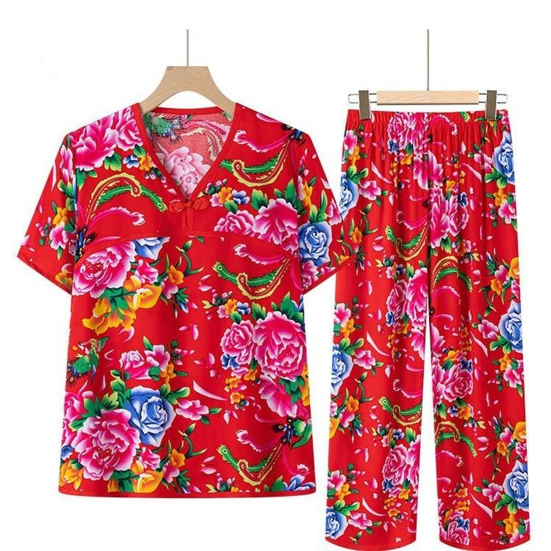 东北大花女装时尚短袖睡衣女套装棉绸家居服款夏季大花布衣服绵绸
