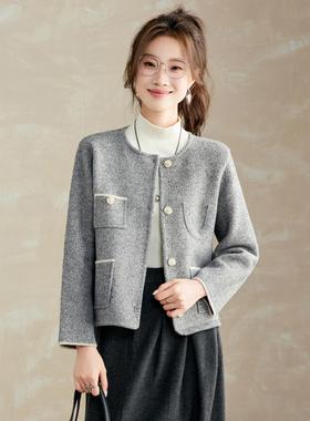 ROUMIKL轻奢高级感灰色彷短款针织外套圆领百搭纽扣开衫时尚外搭
