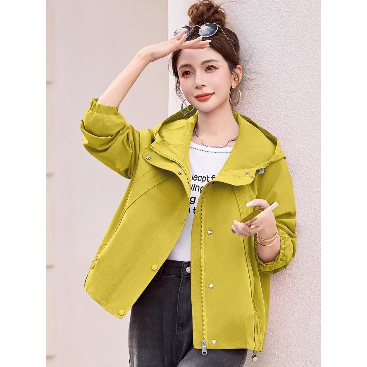 ROUMIKL玫红色风衣短外套女2025秋季新款连帽时尚小个子百搭洋气