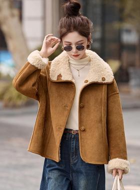 ROUMIKL黄色羊羔毛外套女短款2025冬季新款超好看洋气加厚两面穿