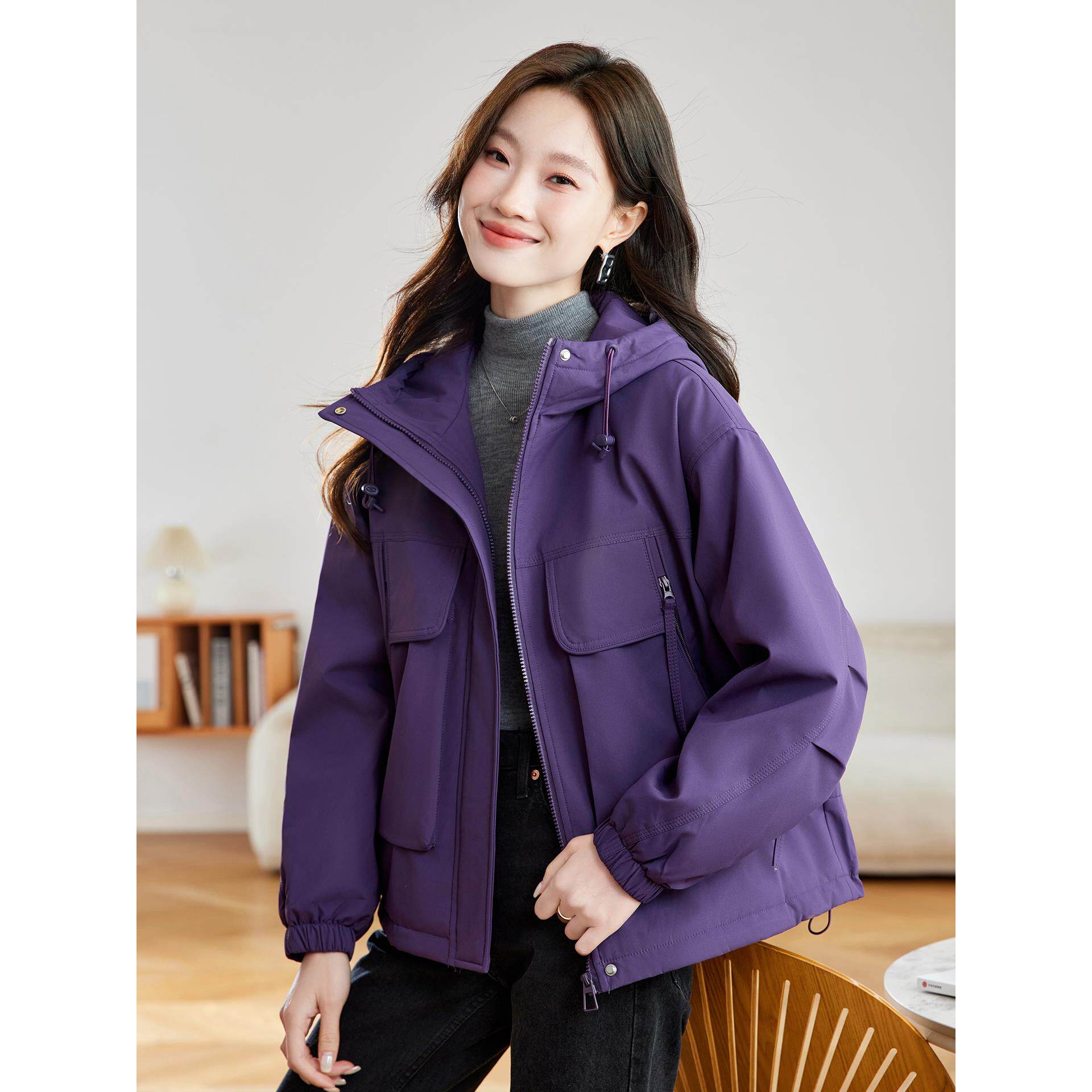 ROUMIKL紫色加绒加厚派克服女短款2025新款冬季保暖洋气小个子衣