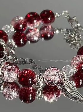 跨境暗红皇冠高级感手链小众气质深红色显白气质百搭水晶手饰