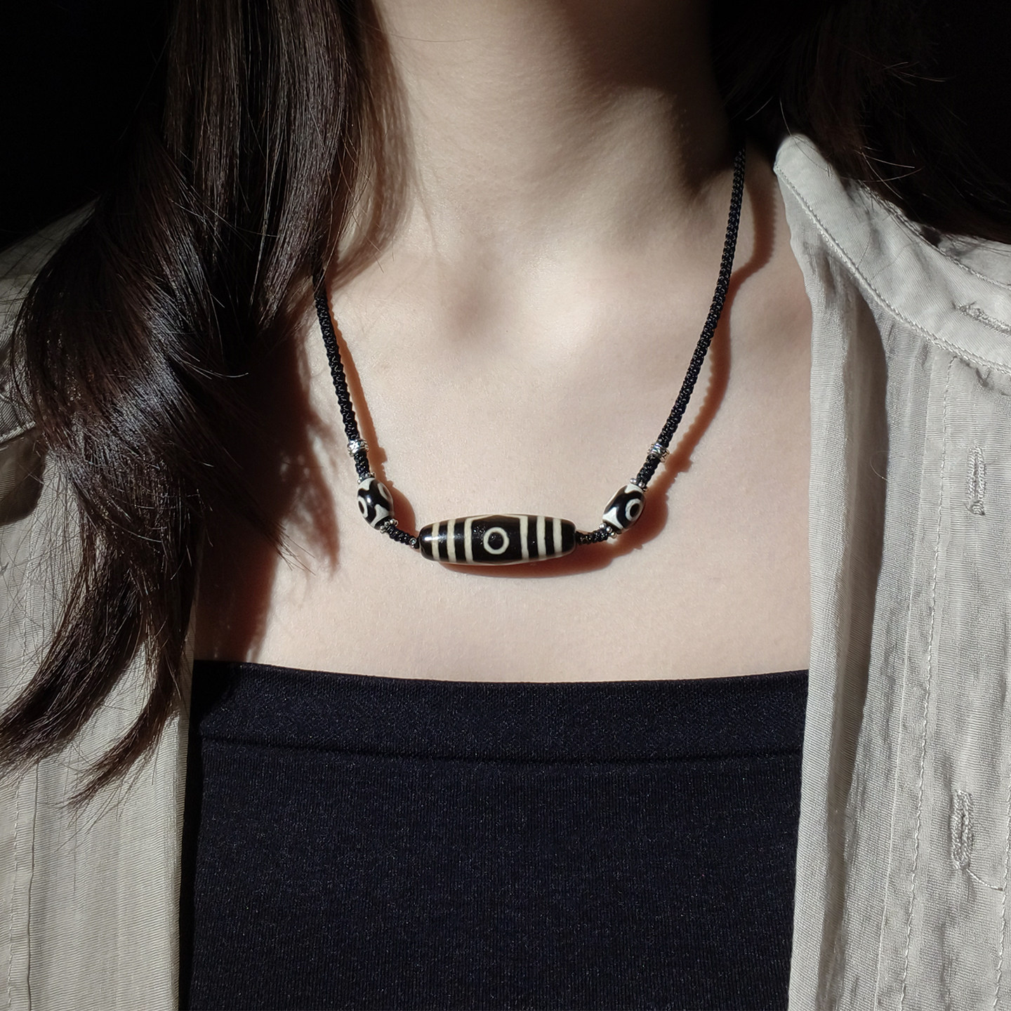 三眼天珠项链男女文玩精品配饰可拉伸调节天然西藏真品毛衣链礼物