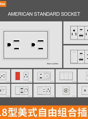 台湾美标开关插座118型美规Type-c插座110v美式六孔带USB白色面板