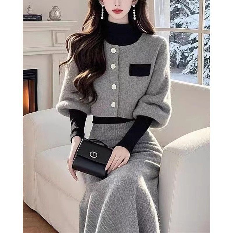 韩系名媛设计感针织时尚套装女秋冬季新款短款上衣a字半裙两件套